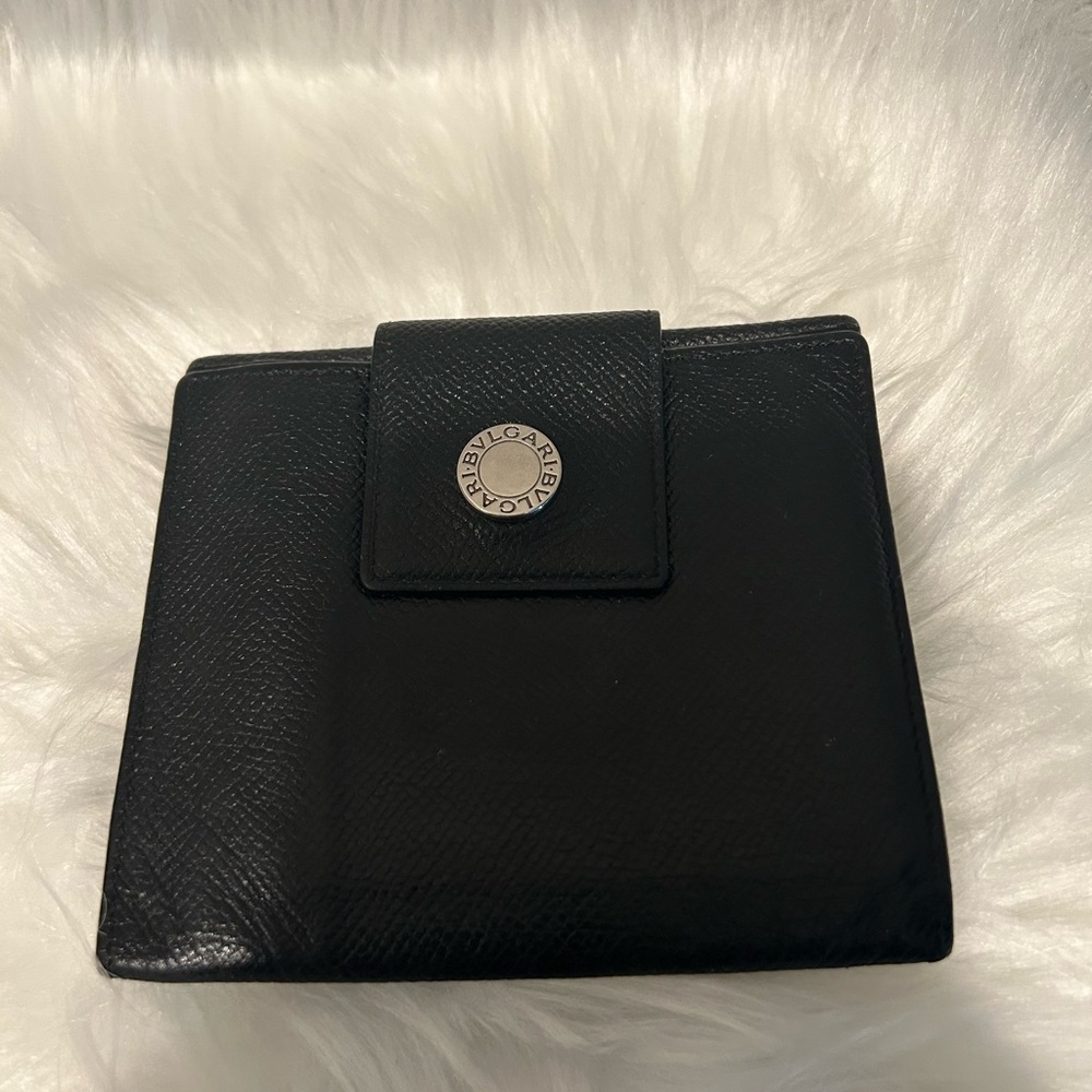 Bvlgari Black Leather Compact Wallet with Silver Tone Logo Snap